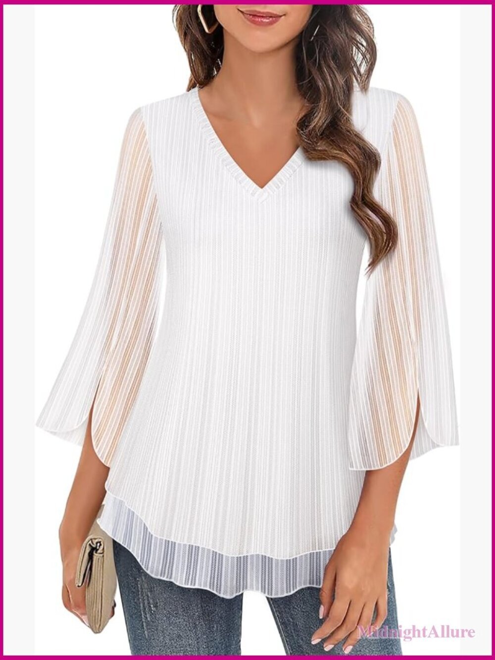 3/4 Sleeve V-Neck Blouse, Dressy Tunic Top with Mesh Layers